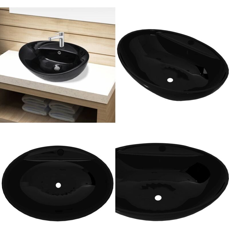 Vidaxl - Keramik Waschbecken Hahnloch/Überlaufloch schwarz oval - Keramik Waschbecken - Schwarzes Waschbecken - Ovales Waschbecken - Unterbauschrank