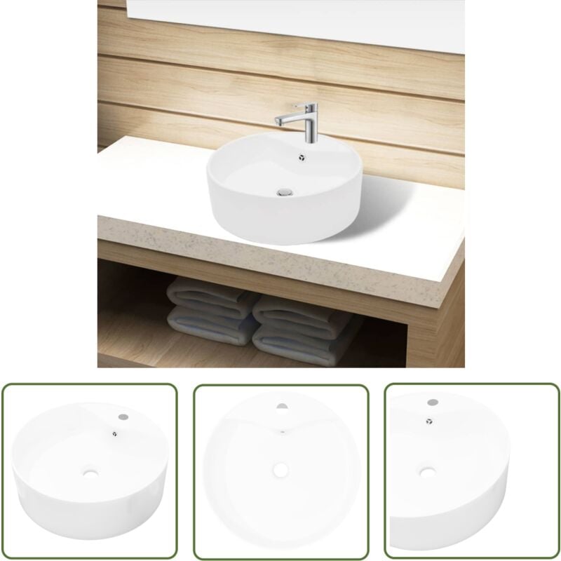 The Living Store - Keramik Waschbecken Hahnloch/Überlaufloch weiß rund - Keramik Waschbecken - Badezimmer Waschbecken - Rundes Waschbecken - Weiße