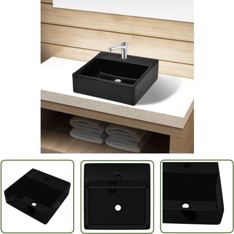The Living Store - Keramik Waschbecken mit Hahnloch schwarz quadratisch - Keramik Waschbecken - Schwarzes Waschbecken - Wandmontage Waschbecken