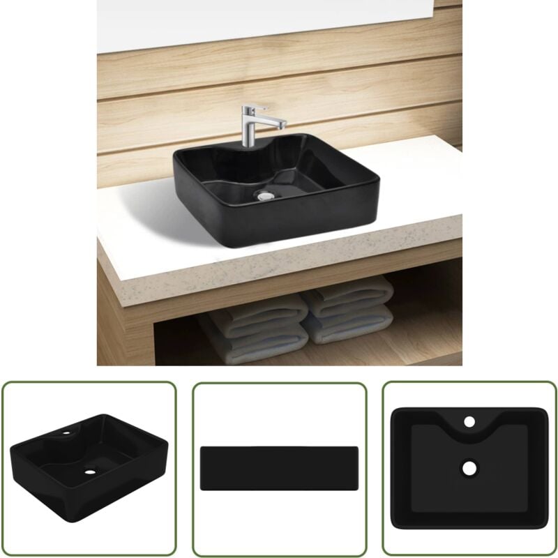 The Living Store - Keramik Waschbecken mit Hahnloch Schwarz Quadratisch - Keramik Waschbecken - Schwarzes Waschbecken - Quadratisches Waschbecken