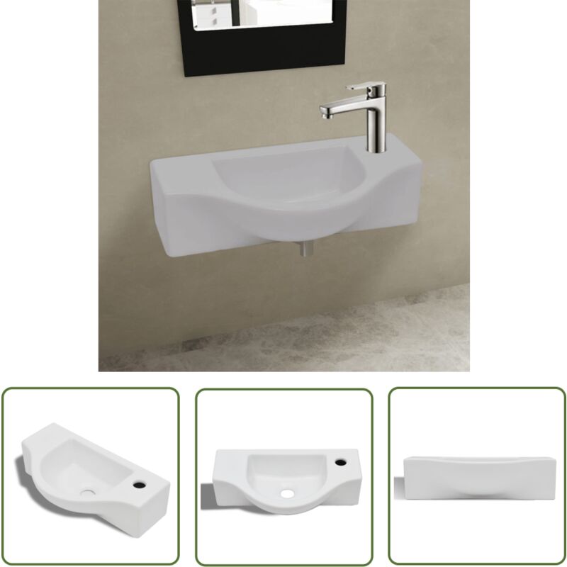 The Living Store - Keramik Waschbecken mit Hahnloch weiß - Keramik Waschbecken - Wandhängendes Waschbecken - Weiße Keramik - Badezimmer Waschbecken