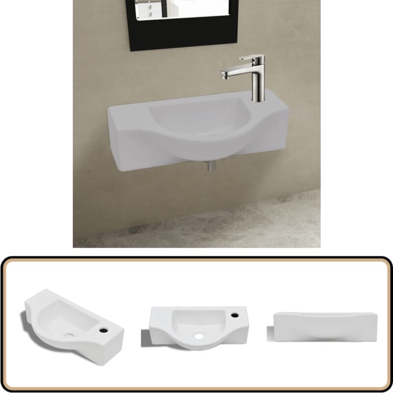 Keramik Waschbecken mit Hahnloch weiß - Keramik Waschbecken - Wandhängendes Waschbecken - Weiße Keramik - Badezimmer Waschbecken - Einbau Waschtrog