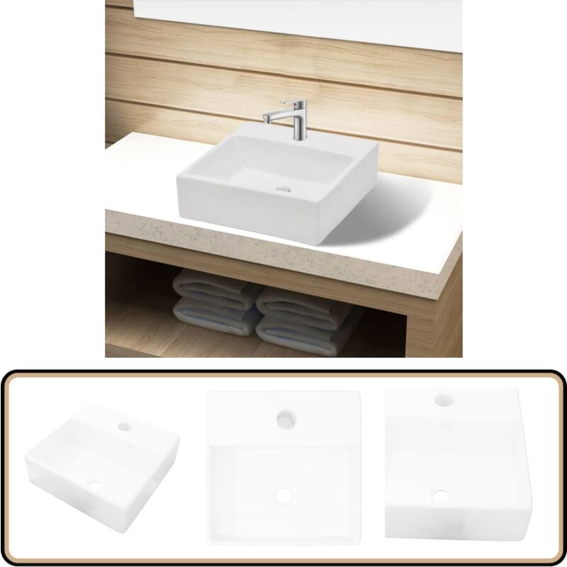 Keramik Waschbecken mit Hahnloch Weiß Quadratisch - Keramik Waschbecken - Weißes Waschbecken - Quadratisches Waschbecken - Aufsetzwaschbecken