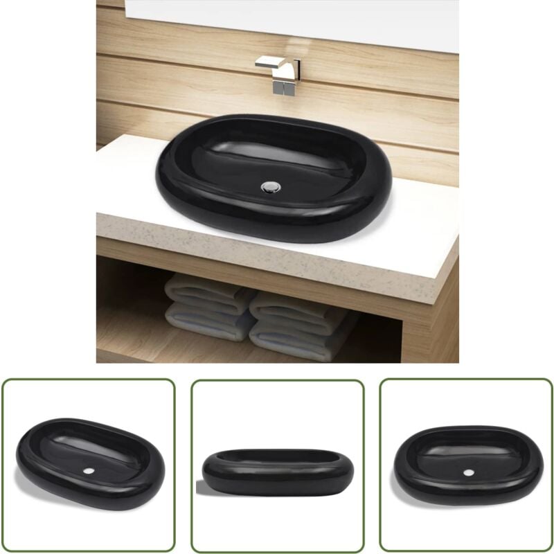 The Living Store - Keramik Waschbecken schwarz oval - Schwarzes Waschbecken - Keramisches Waschbecken - Ovales Waschbecken - Einbauwaschbecken