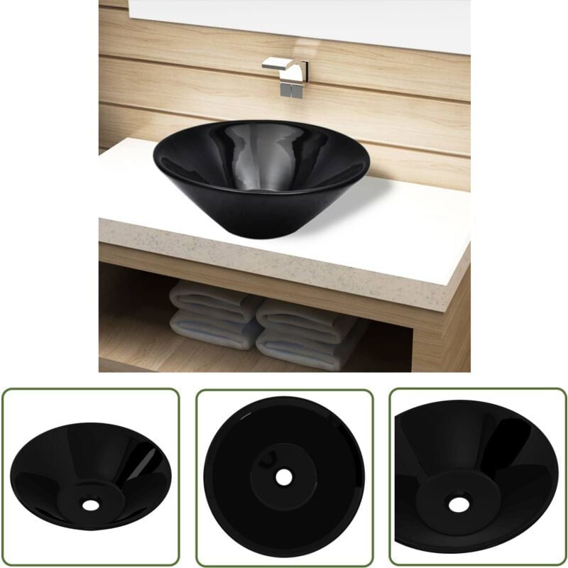 The Living Store - Keramik Waschbecken schwarz rund - Keramik Waschbecken - Schwarzes Waschbecken - Rundes Waschbecken - Badezimmer Waschbecken