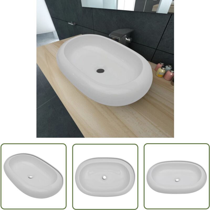 Keramik Waschtisch Waschbecken Oval Weiß 63 x 42 cm - Waschbecken - Keramikwaschbecken - Ovales Waschbecken - Weißes Waschbecken - Sanitärobjekte