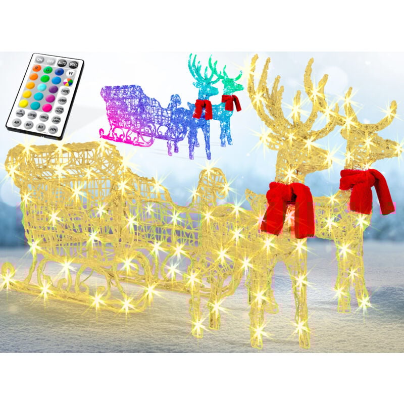 KESSER® 240er LED Rentiere mit Schlitten weiß Timer Weihnachtsbeleuchtung für außen und innen Weihnachtsfigur Weihnachtsdekoration Bunt,RGB LED