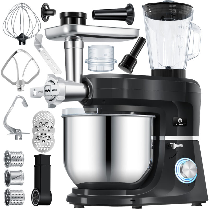 KESSER® 3 in 1 Universal Küchenmaschine K-KM 3000 mit Fleischwolf Knetmaschine Multifuntionale Rührmaschine 5.5L Schüssel mit 3 Rührwerkzeuge Schwarz