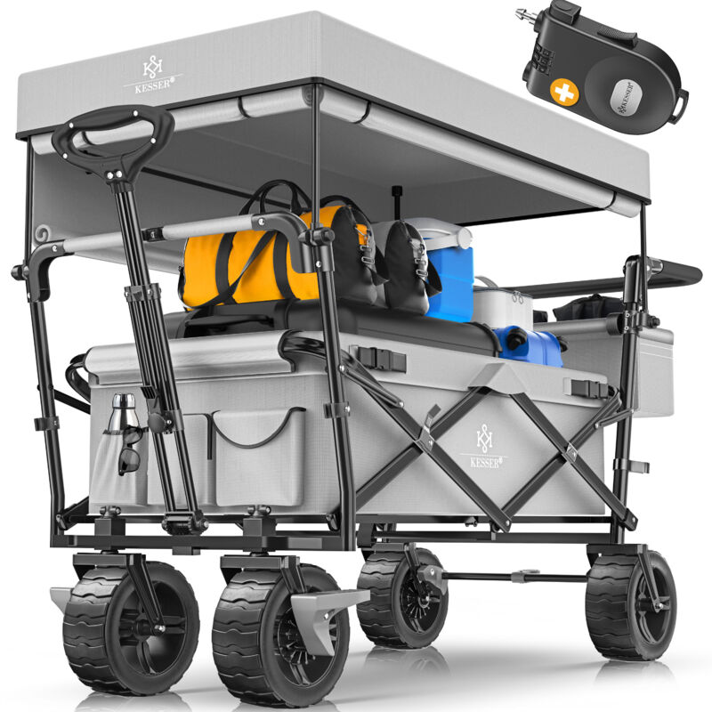 Bollerwagen faltbar GT9000 mit Dach Handwagen Transportwagen inkl. 2x 3-Punkt Gurtsystem klappbar Vollgummi-Reifen bis 80 kg Grau - Kesser