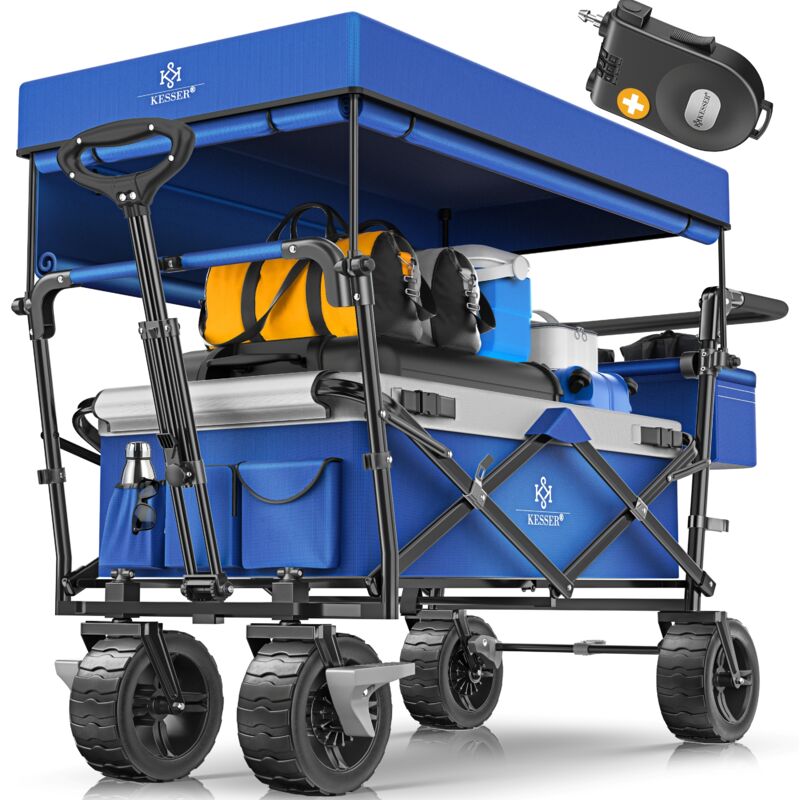 KESSER® Bollerwagen faltbar GT9000 mit Dach Handwagen Transportwagen inkl. 2x 3-Punkt Gurtsystem klappbar Vollgummi-Reifen bis 80 kg Blau / Grau