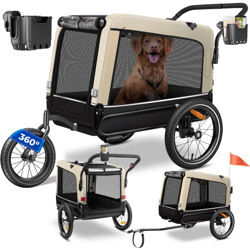 Hundeanhänger Boxer 3-in-1 Hundebuggy & Jogger Fahrradanhänger groß ca. 240 Liter Volumen gefedert Material: 600D Oxford Canvas Beige - Kesser
