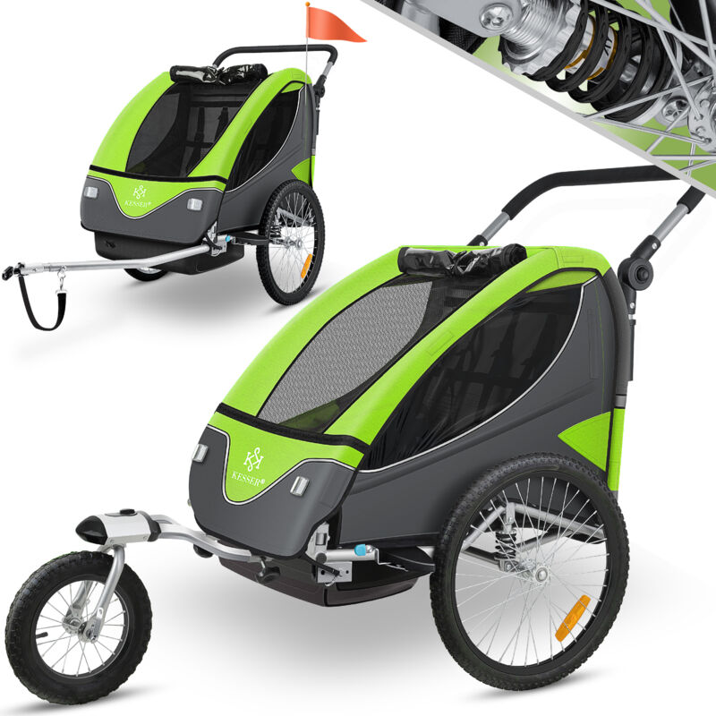 Kinderanhänger Fahrradanhänger 360° Drehbar mit Federung 2in1 Joggerfunktion Kinderfahrradanhänger + 5-Punkt Gurt Jogger Fahrrad Anhänger Hellgrün