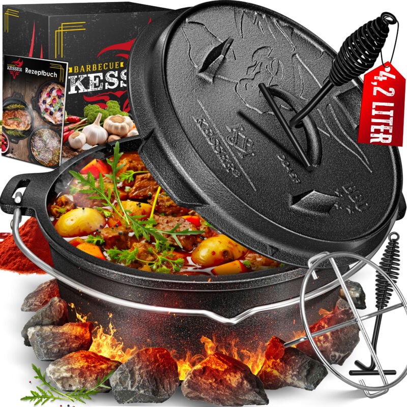 Dutch Oven Set bbq, Schmortopf, Gusseisen Topf mit Deckelheber Henkel und Schlitz für Themormeter, Grilltopf, Gulaschkessel, DO45P - 4.2 Liter / Topf