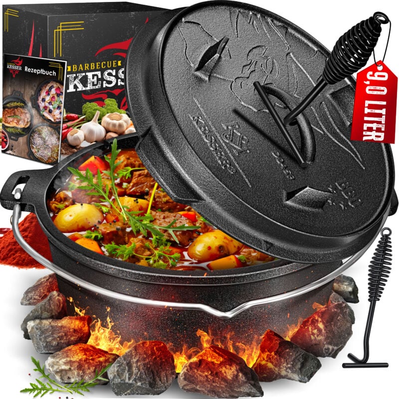 Dutch Oven Set bbq, Schmortopf, Gusseisen Topf mit Deckelheber Henkel und Schlitz für Themormeter, Grilltopf, Gulaschkessel, DO9P - 9.0 Liter / Topf