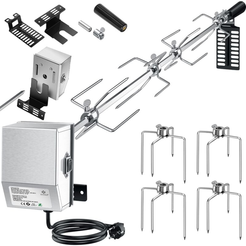 KESSER® Edelstahl Grillspieß Set 107cm passend für Weber Spirit Gasgrill mit 4X Fleischnadeln BBQ Fleischklammer Griffstück und Motor Rotisserie