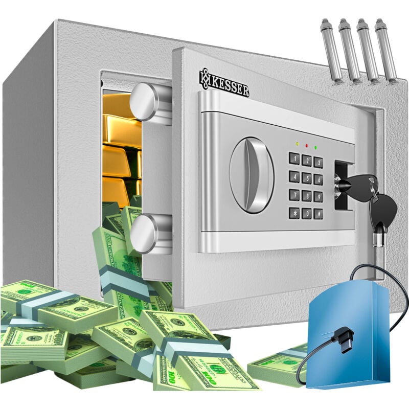 Elektr. Tresor Inkl. Batteriebox Elektronischer Safe 3x Doppelbolzenverriegelung Boden Wandtresor Möbeltresor Innenbeleuchtung s (Silber) - Kesser