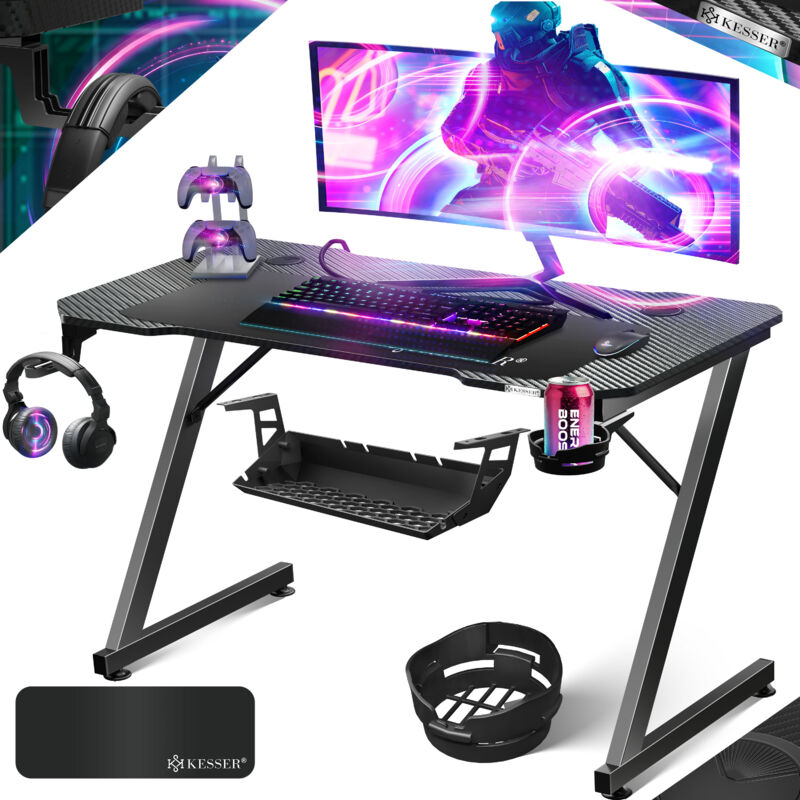 Ultimativer Gaming Tisch Z-Frame Gaming Schreibtisch mit Getränkehalter Kopfhörer Haken Computertisch pc Tisch Ergonomischer Gamer Tisch 120 x 60 cm