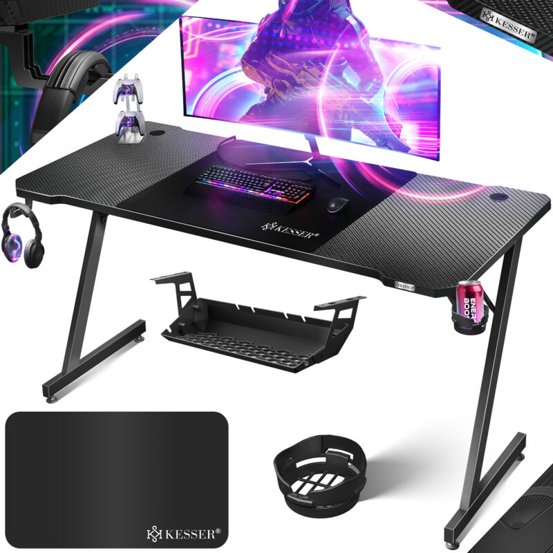 KESSER® Ultimativer Gaming Tisch Z-Frame Gaming Schreibtisch mit Getränkehalter Kopfhörer Haken Computertisch PC Tisch Ergonomischer Gamer Tisch 180