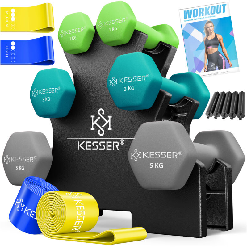 KESSER® Hantel-Set, 3 Paar 12kg oder 18kg Kurzhanteln mit Ständer für Fitnessstudio, Krafttraining Hantelset mit Übungsheft, 2x Fitnessbänder