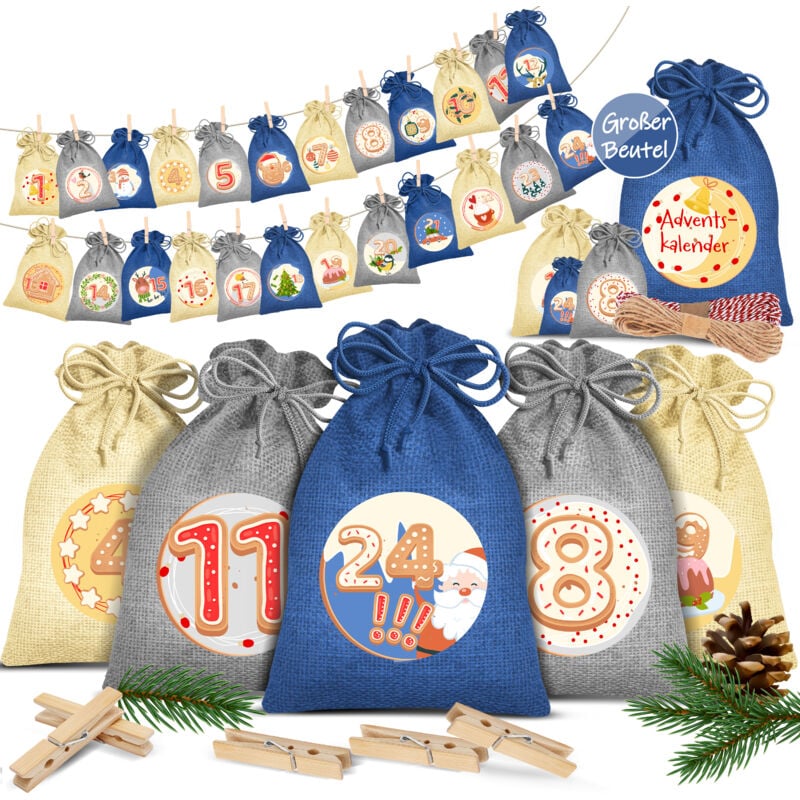 Adventskalender zum Befüllen 24 Jutebeutel Gedruckte Stoffbeutel Kinder Weihnachtskalender zum Selber Befüllen Inkl. 24x Schildchen 14x10cm / Blau /