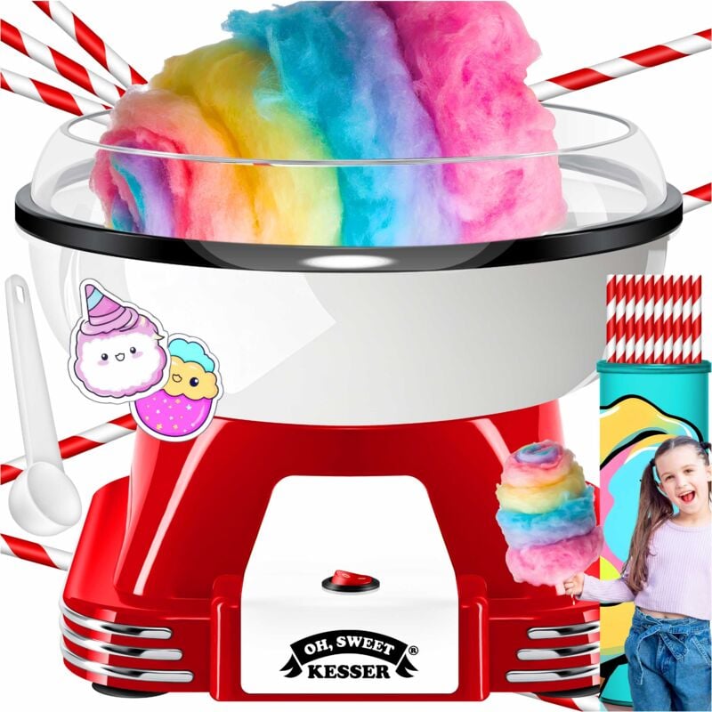 Zuckerwattemaschine Set für dein zuhause - Mit 30x Zuckerwatte Stäbchen & Messlöffel - Retro Cotton Candy Maschine - Zuckerwatte Maschine Rot / Weiß