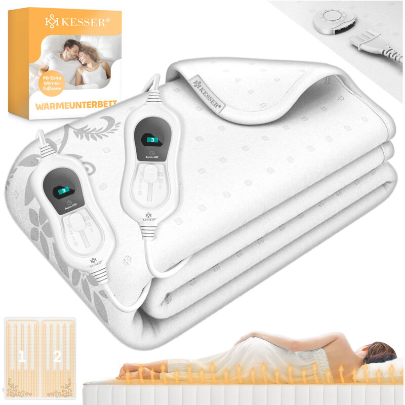 KESSER® Wärmeunterbett mit Abschaltautomatik Fernbedienung Heizdecke mit 3 Temperaturstufen Wärmebettunterlage fürs Bett Matratzenheizung Weiß mit