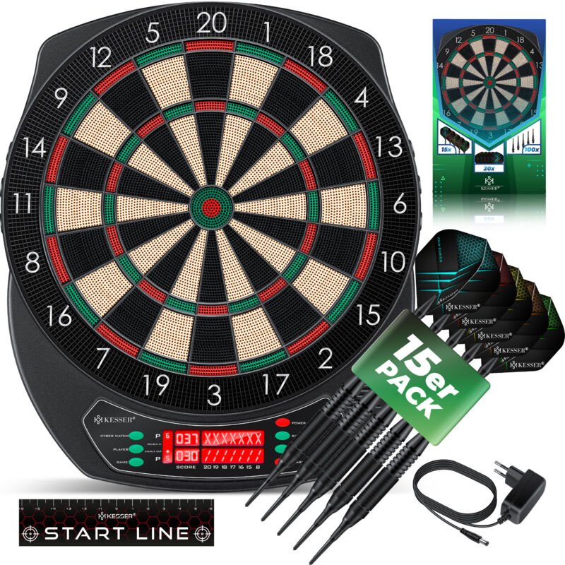 KESSER® Elektronische Dartscheibe Profi Set - E Dartboard mit 15 Dartpfeile + 35 Pro Flights 100 Pfeilspitzen + Zubehör Dart für 1 bis 8 Spieler