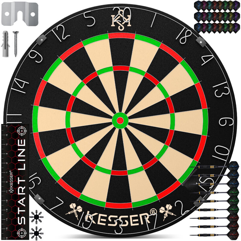 KESSER® Dartscheibe Sisal mit 9 Dartpfeile Professional Dartboard + 21 Pro Flights + Zubehör Steeldart Offizielles Dartscheibe 9 Pfeilen Metallspitze