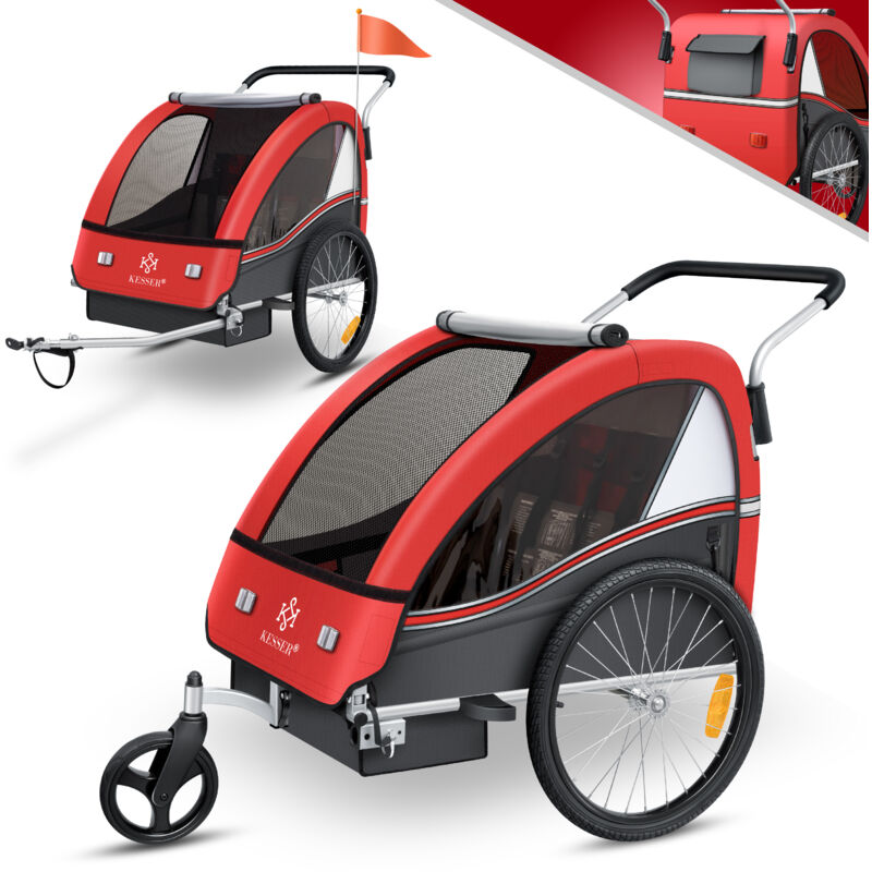Kinderanhänger Fahrradanhänger Sport-RX 2 in 1 Joggerfunktion Kinderfahrradanhänger + 5-Punkt Sicherheitsgurt 360°-Vorderrad Jogger Buggy Rot - Kesser