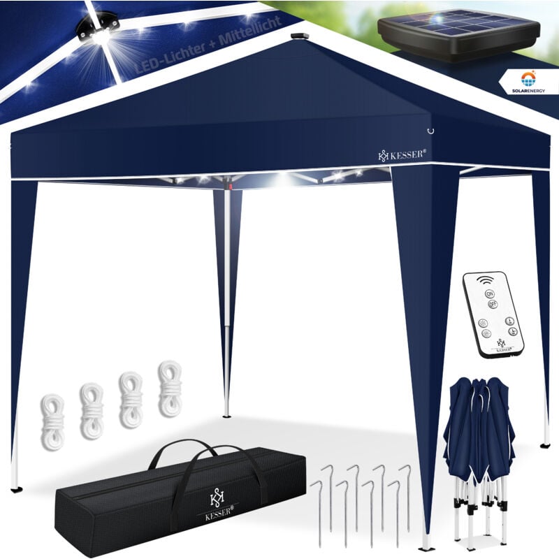 Pavillon Faltpavillon 3x3m mit led Beleuchtung Solar Fernbedienung Gartenzelt Höhenverstellbar & Wasserdicht + Tasche Bodenanker Navyblau - Kesser