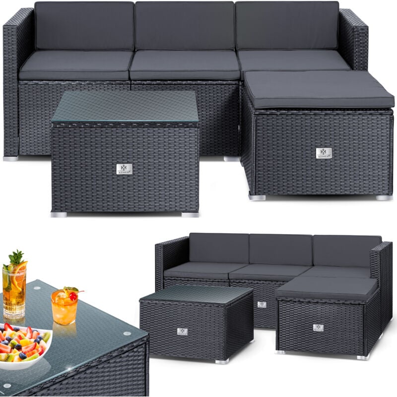 Polyrattan Lounge Aruba – Gartenlounge für 3-4 Personen Gartenmöbel-Set Sitzgruppe aus 3er Gartensofa Sessel Hocker und Beistelltisch Anthrazit