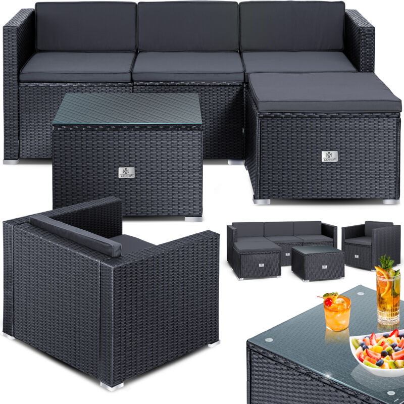 Polyrattan Lounge Aruba – Gartenlounge für 4-5 Personen Gartenmöbel-Set Sitzgruppe aus 3er Gartensofa Sessel Hocker und Beistelltisch Anthrazit