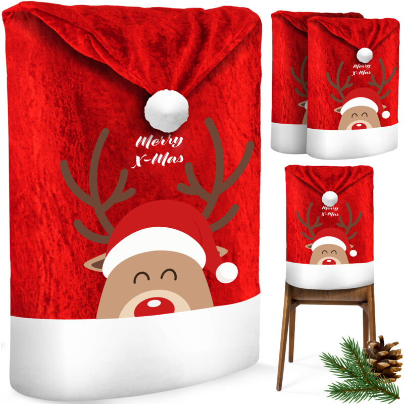 KESSER® Premium Weihnachtsstuhlüberzug Set Stuhlhussen für Weihnachten Nikolausmütze Stuhlbezug Husse Weihnachtsdeko für Stühle Überzieher Rot / Weiß