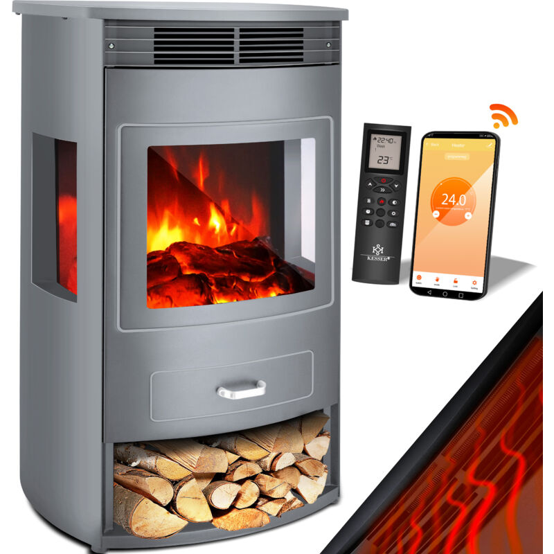 KESSER® Prio Elektrokamin mit Heizung Heizlüfter Fernbedienung WiFi App 950/1900 W Kamin elektrisch LED-Flammeneffekt Kaminfeuer Elektro Kamin Grau /