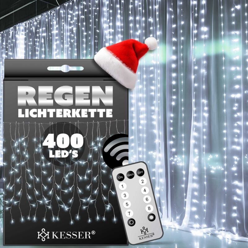 Regenlichterkette Lichterkette inkl Fernbedienung - 8 Leuchteffekte - Timer - In- & Outdoor Regenkette Deko Weihnachtsbeleuchtung Party Kalt-weiß /