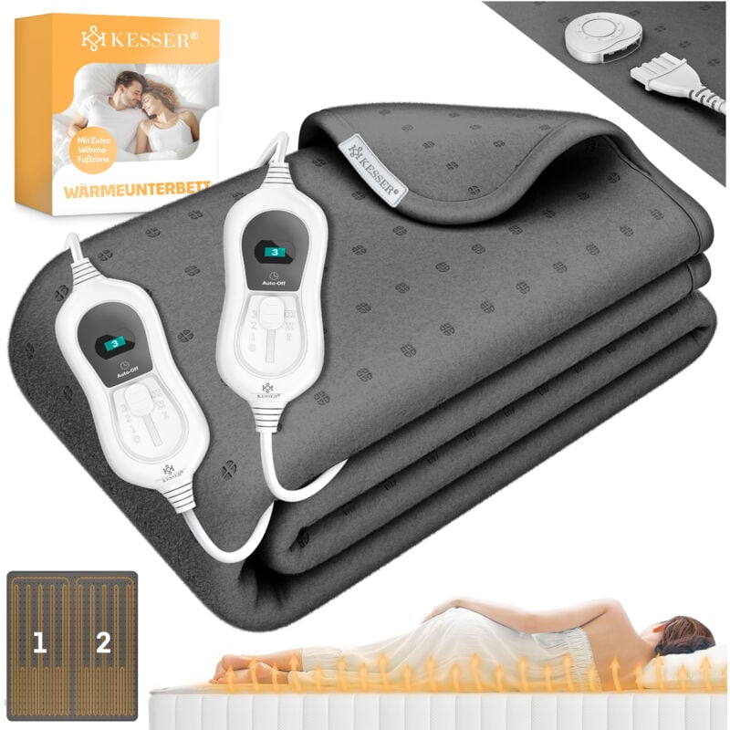 KESSER® Wärmeunterbett mit Abschaltautomatik Fernbedienung Heizdecke mit 3 Temperaturstufen Wärmebettunterlage fürs Bett Matratzenheizung Anthrazit