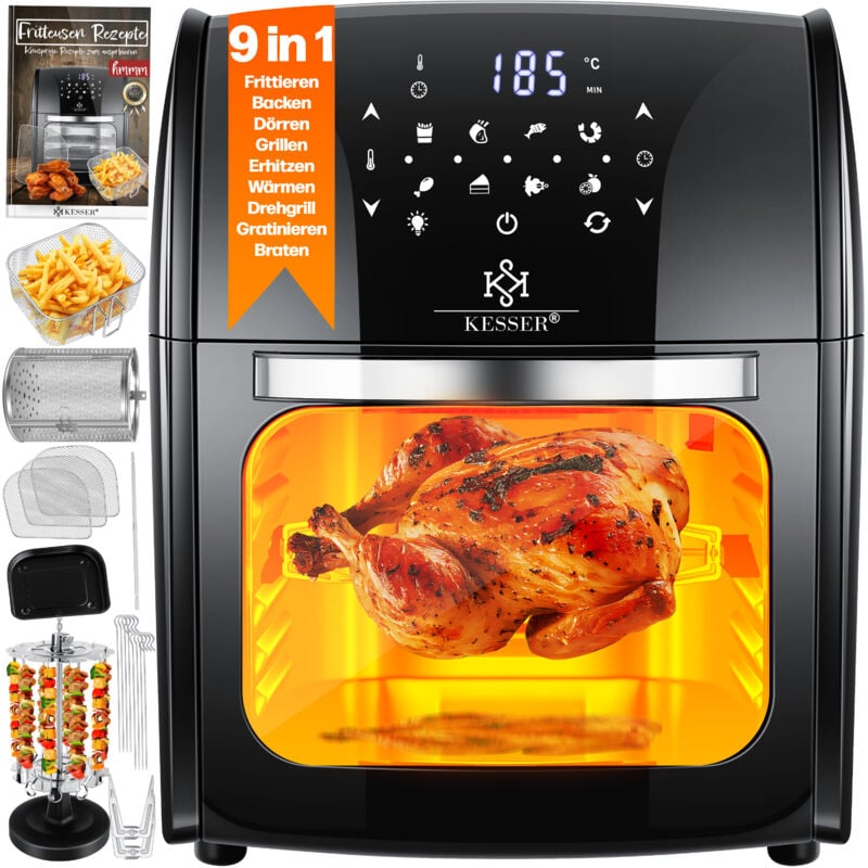 Xxl Airfryer 9in1 Heißluftfritteuse Fritteuse Drehgrill Mikrowellen Rezeptheft Grillspieß 1800 Watt fettfrei grillen 8 Programme inkl. Zubehör
