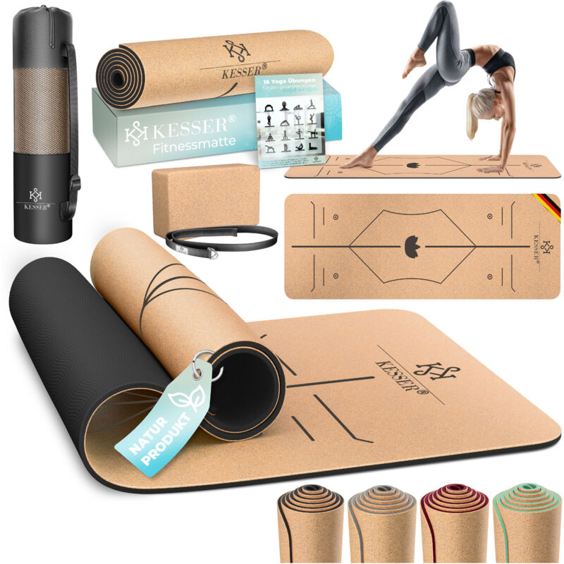 Kesser - Yogamatte Kork Inkl. Tragegurt Tasche & Yoga-Block Gymnastikmatte Yoga Matte rutschfest aus Naturkautschuk tpe Fitnessmatte Schwarz