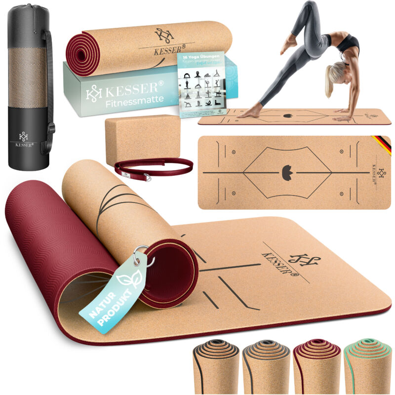 KESSER® Yogamatte Kork Inkl. Tragegurt Tasche & Yoga-Block Gymnastikmatte Yoga Matte rutschfest aus Naturkautschuk TPE Fitnessmatte Bordeaux