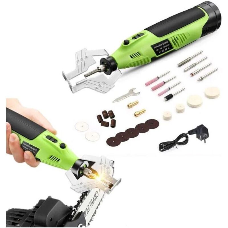 Kettensägen-Kettenschärfer-Set, 27-teilig, multifunktionale elektrische Klingenschärfungsfeile mit grüner Diamantschleifscheibe