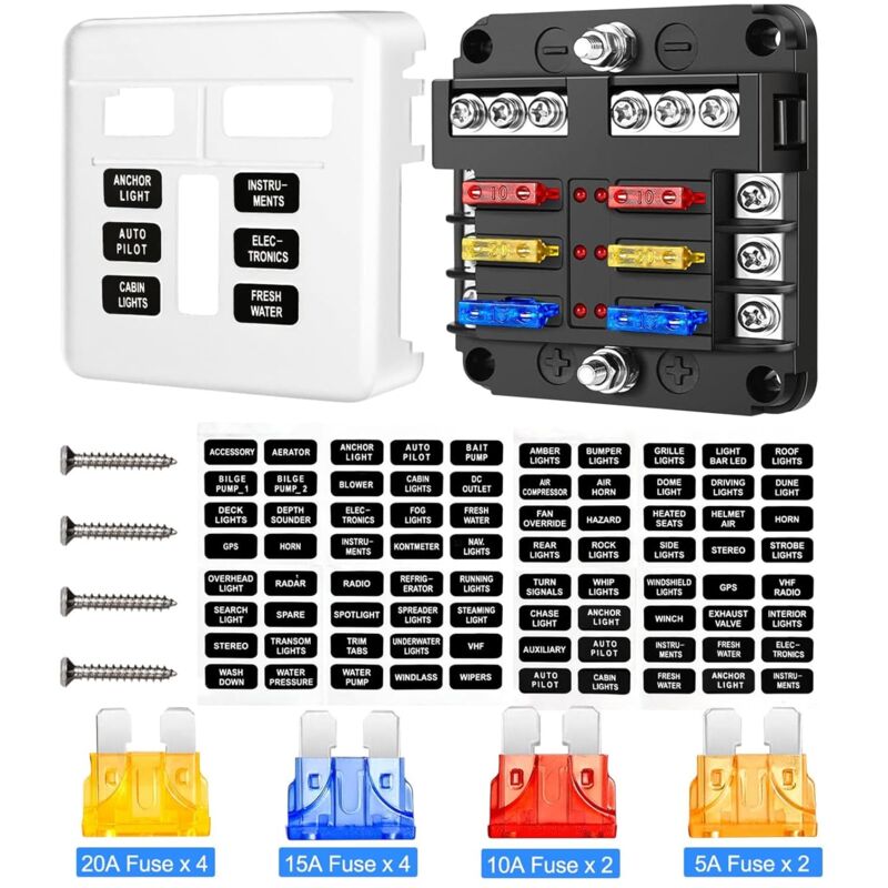 Bluedeer - Kfz sicherungshalter flachsicherung, kfz sicherungskasten, 6 fach sicherungshalter mit LED-Anzeige negativen Bus für Auto, Boot, Van, Suv,