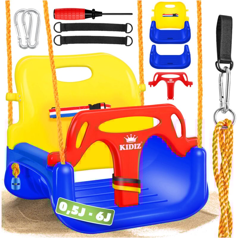 Babyschaukel Kinderschaukel 3 in 1 Babysitz verstellbar Mitwachsend Schaukelsitz Gartenschaukel für Baby Kinder mit Rückenlehne und Anschnallgurt