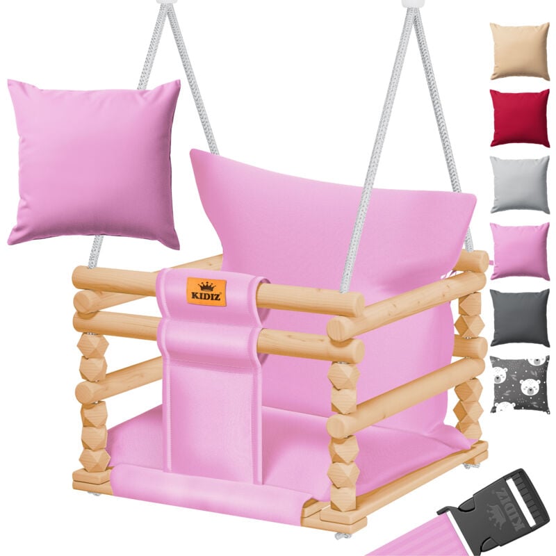Babyschaukel Kinderschaukel Schaukelsitz mit Polsterung Holz-Schaukel mit Anti-Kipp bis 60KG Höhenverstellbar Indoor & Outdoor Rosa - Kidiz