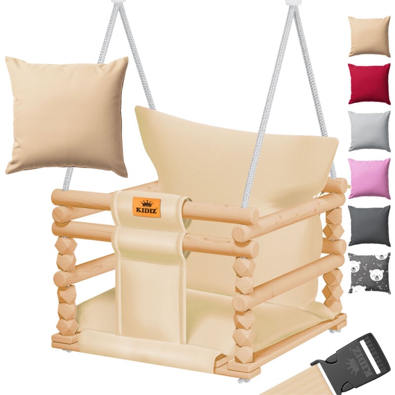 Kidiz - Babyschaukel Kinderschaukel Schaukelsitz mit Polsterung Holz-Schaukel mit Anti-Kipp bis 60KG Höhenverstellbar Indoor & Outdoor Beige