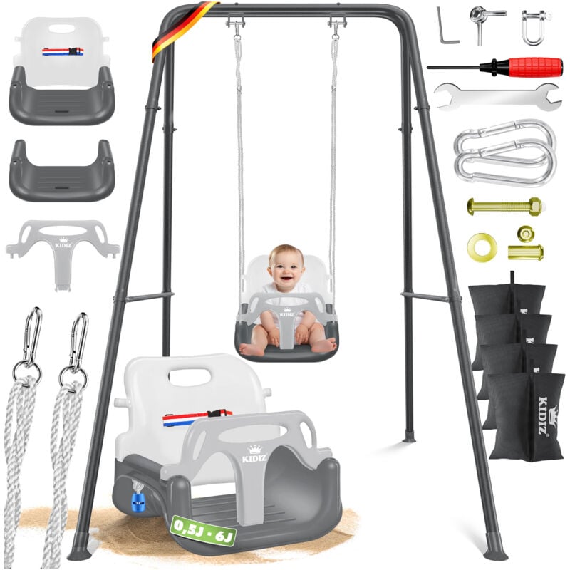 Babyschaukel mit Gestell 3-in-1 Indoor & Outdoor Kinderschaukel mit Metallständer höhenverstellbar Schaukelgestell + 4 Sandsäcke & Sicherheitsgurt