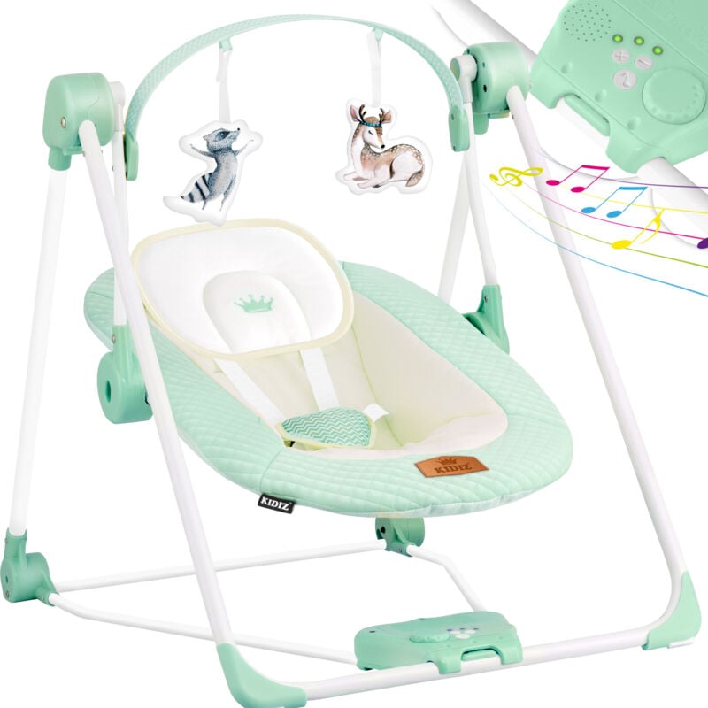 Babywippe Babyschaukel mit 5 Geschwindigkeitseinstellungen zusammenklappbarer Baby Wippe Schaukel Babyhochstuhl mit Spielbogen Spielzeugen Mint Grün