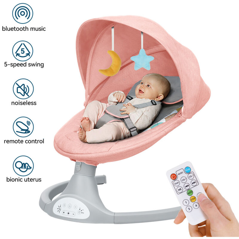 Insma - Kimbosmart Automatische Babywippe mit Moskitonetz Musik Fernbedienung Schaukelstuhl 65 x 65 x 71,5 cm Babymöbel Rosa