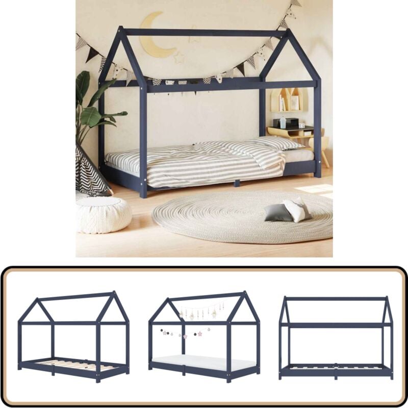 Kinder-Bettgestell Grau Massivholz Kiefer 80 x 160 cm - Kinderbett - Holzbett - Kiefernholzbette - Jugendzimmer - Baumhausstil