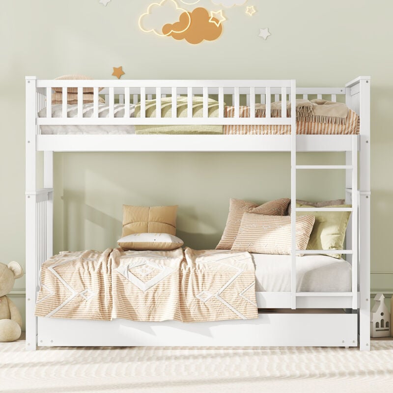 Kinder-Etagenbett 90 x 200 cm mit Ausziehbett und Treppe, weiß