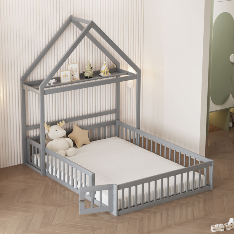 Kinder-Hausbett 140x200 cm, mit Stauraum, Lattenrost, Sicherheitsgitter, Massivholz, modernes Design, Grau